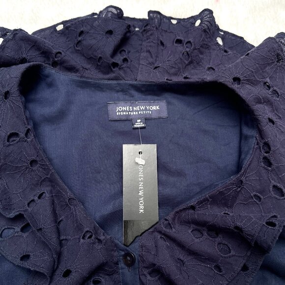 NWT Jones New York Eyelet button Up Navy ruffle twirl Cotton Shirt Dress 6P - Picture 4 of 12